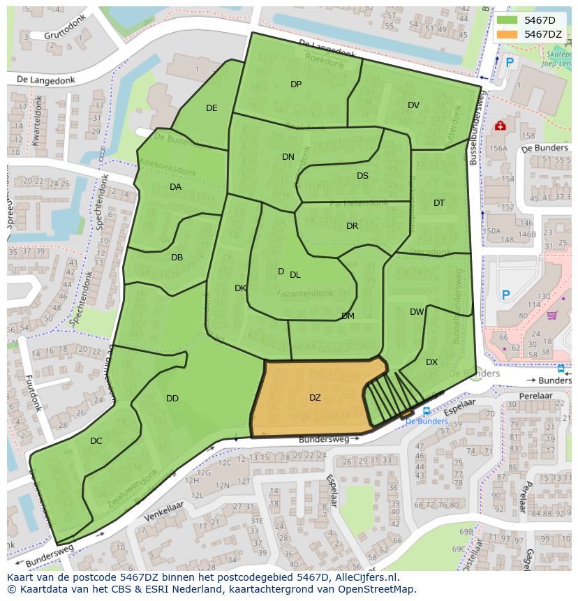Afbeelding van het postcodegebied 5467 DZ op de kaart.