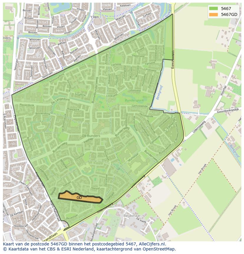 Afbeelding van het postcodegebied 5467 GD op de kaart.
