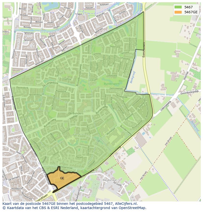 Afbeelding van het postcodegebied 5467 GE op de kaart.