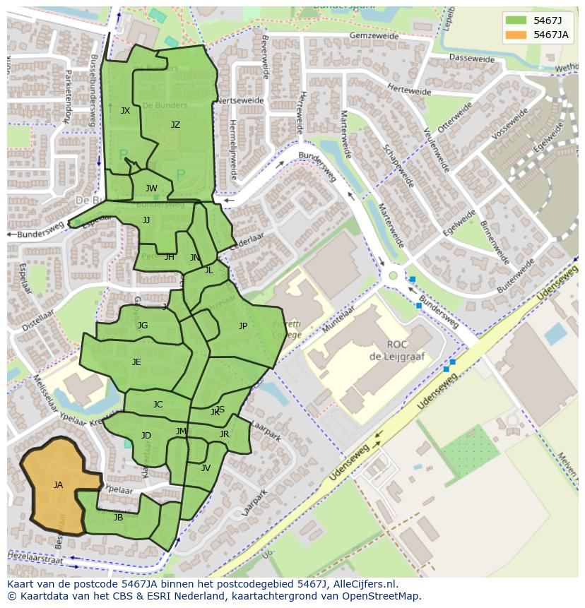 Afbeelding van het postcodegebied 5467 JA op de kaart.