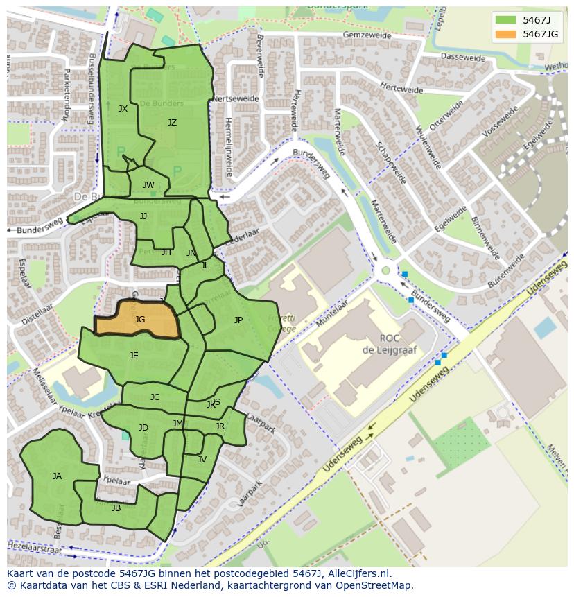 Afbeelding van het postcodegebied 5467 JG op de kaart.