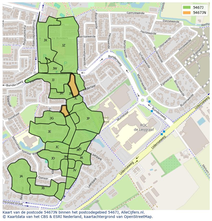 Afbeelding van het postcodegebied 5467 JN op de kaart.