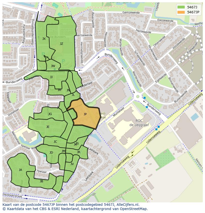 Afbeelding van het postcodegebied 5467 JP op de kaart.