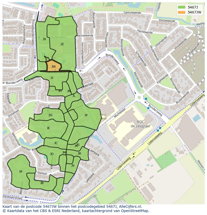 Afbeelding van het postcodegebied 5467 JW op de kaart.