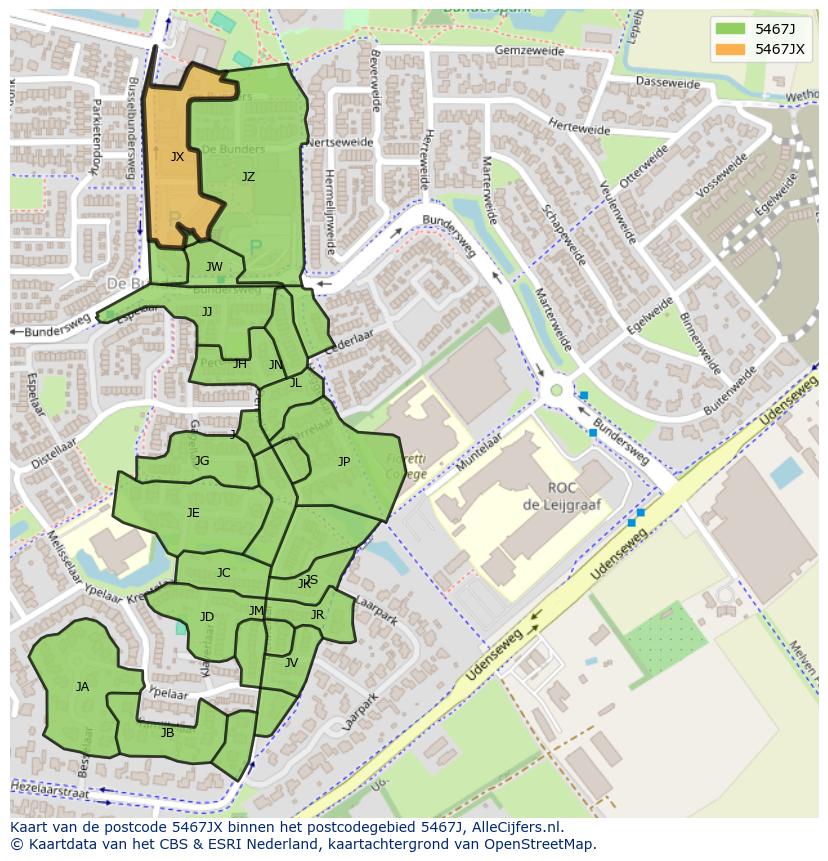 Afbeelding van het postcodegebied 5467 JX op de kaart.
