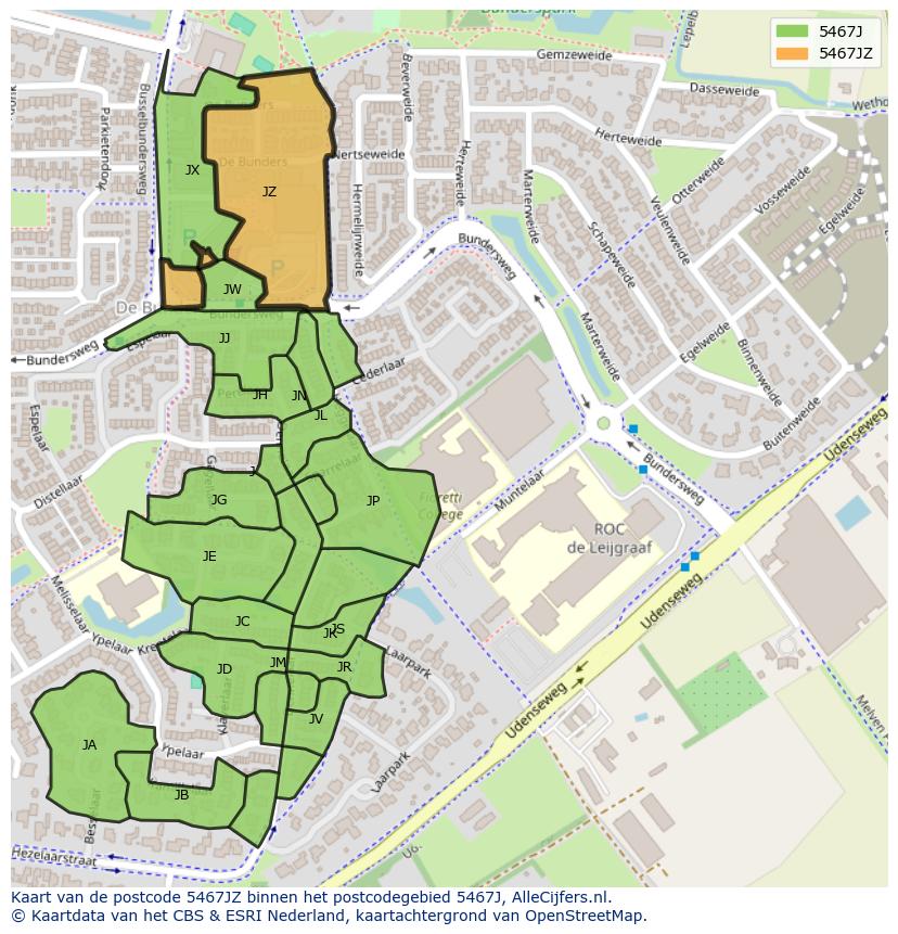 Afbeelding van het postcodegebied 5467 JZ op de kaart.