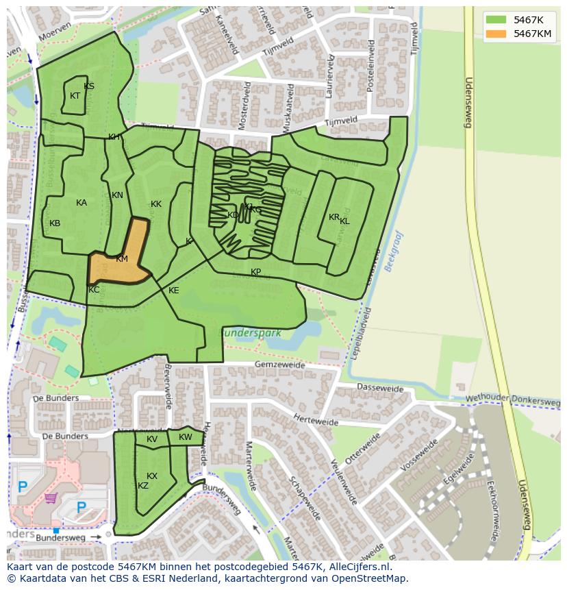 Afbeelding van het postcodegebied 5467 KM op de kaart.