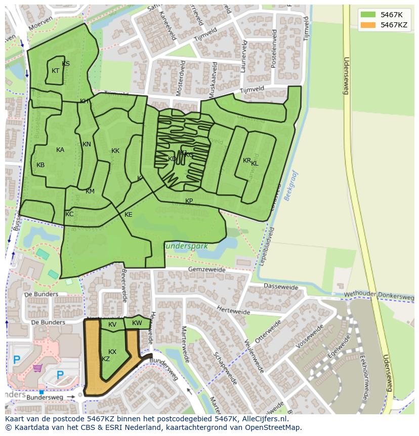 Afbeelding van het postcodegebied 5467 KZ op de kaart.