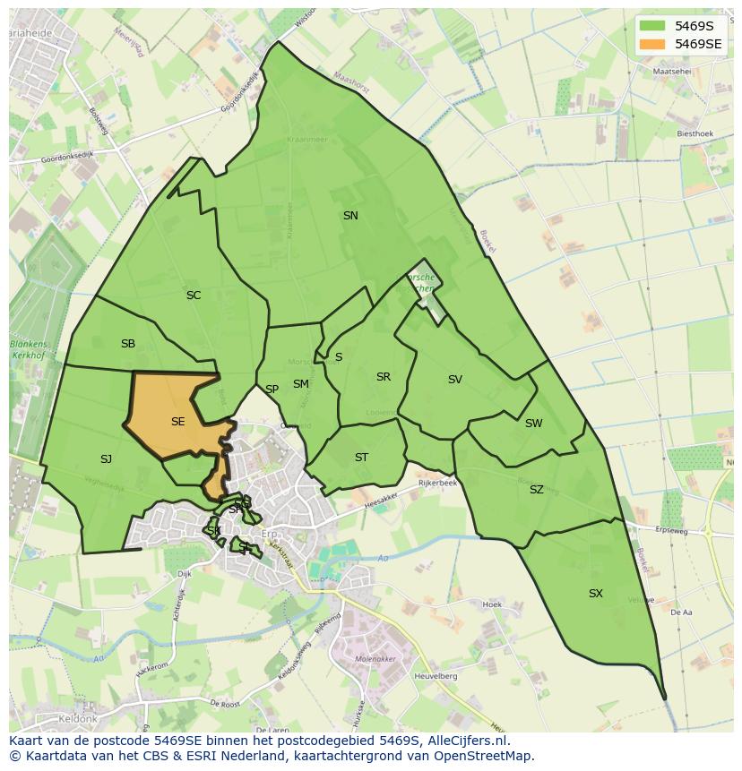 Afbeelding van het postcodegebied 5469 SE op de kaart.