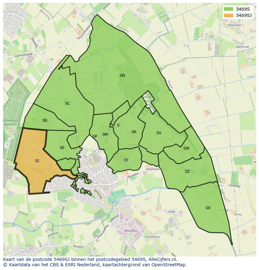 Afbeelding van het postcodegebied 5469 SJ op de kaart.