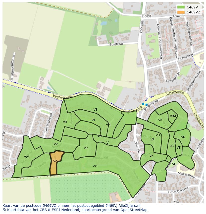 Afbeelding van het postcodegebied 5469 VZ op de kaart.