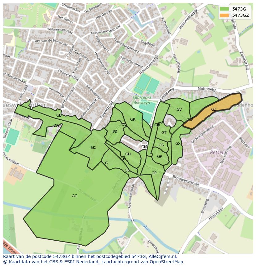 Afbeelding van het postcodegebied 5473 GZ op de kaart.