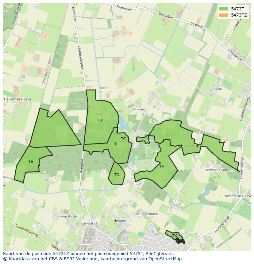 Afbeelding van het postcodegebied 5473 TZ op de kaart.