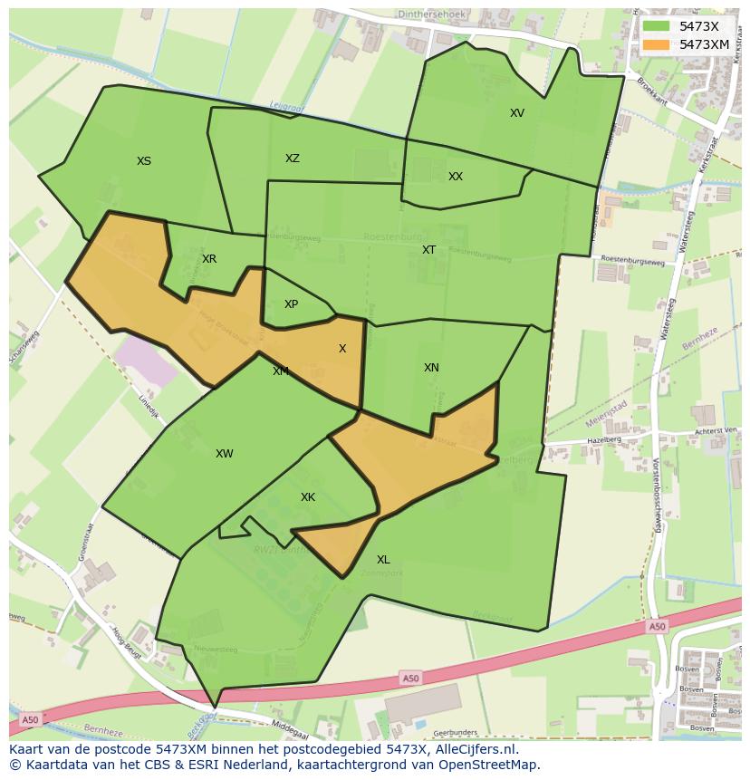 Afbeelding van het postcodegebied 5473 XM op de kaart.