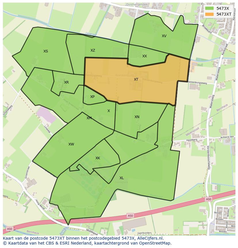 Afbeelding van het postcodegebied 5473 XT op de kaart.