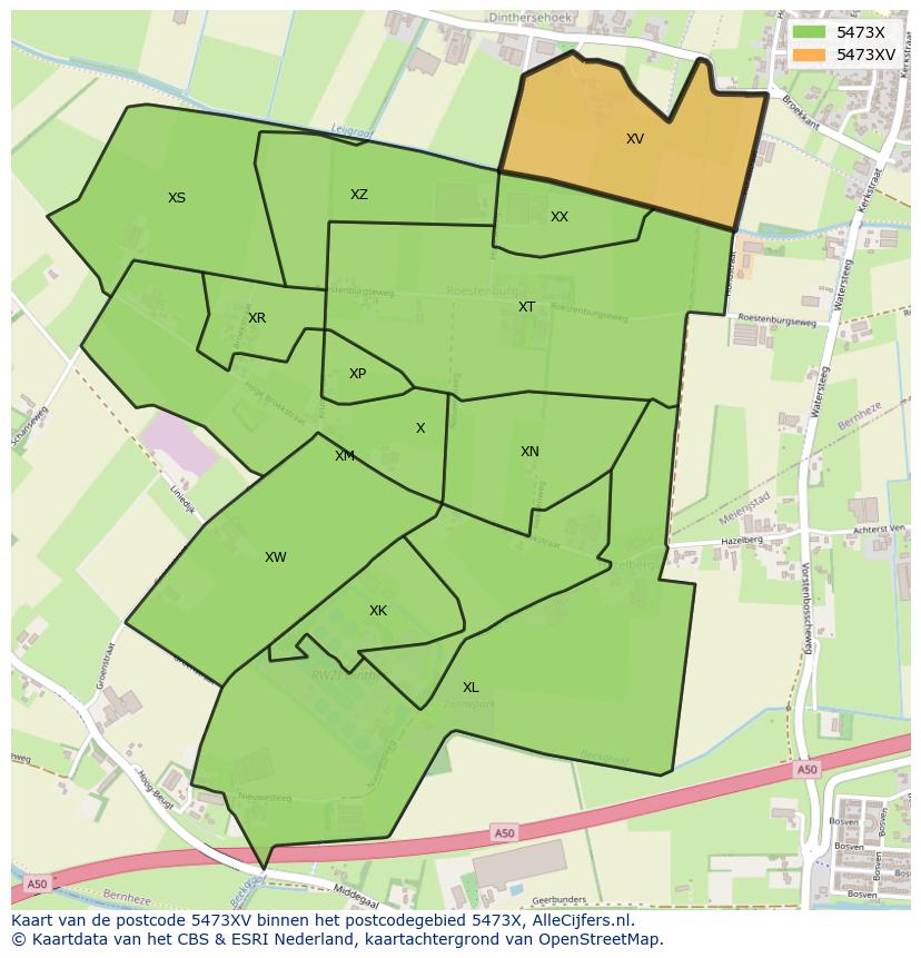 Afbeelding van het postcodegebied 5473 XV op de kaart.