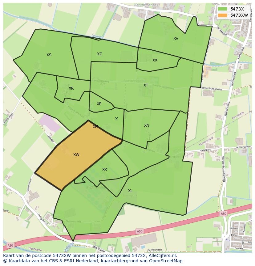 Afbeelding van het postcodegebied 5473 XW op de kaart.