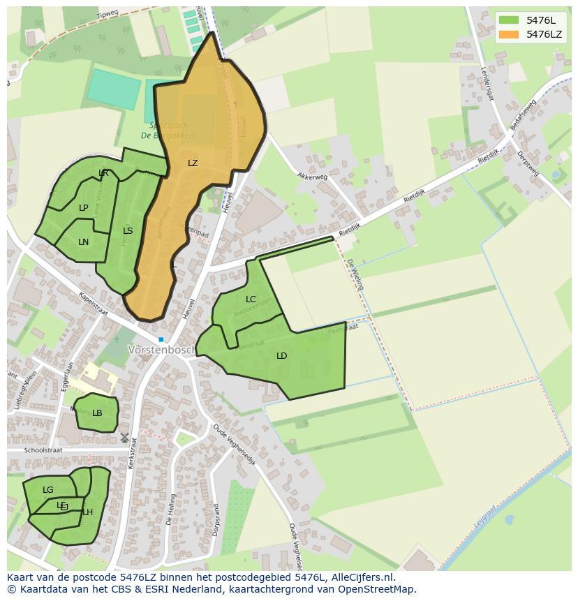 Afbeelding van het postcodegebied 5476 LZ op de kaart.