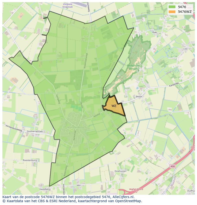 Afbeelding van het postcodegebied 5476 WZ op de kaart.