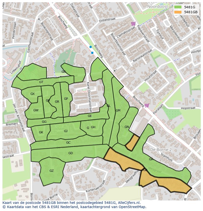 Afbeelding van het postcodegebied 5481 GB op de kaart.