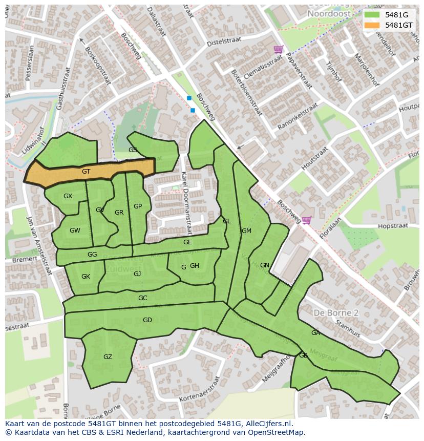 Afbeelding van het postcodegebied 5481 GT op de kaart.