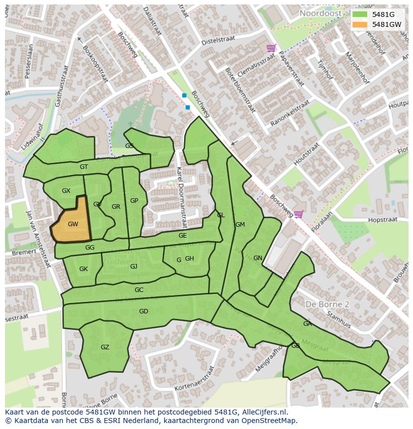 Afbeelding van het postcodegebied 5481 GW op de kaart.