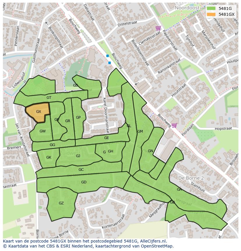 Afbeelding van het postcodegebied 5481 GX op de kaart.