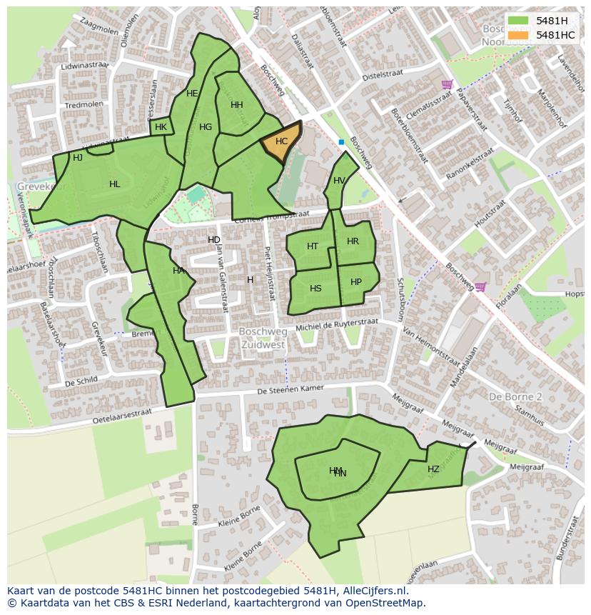 Afbeelding van het postcodegebied 5481 HC op de kaart.