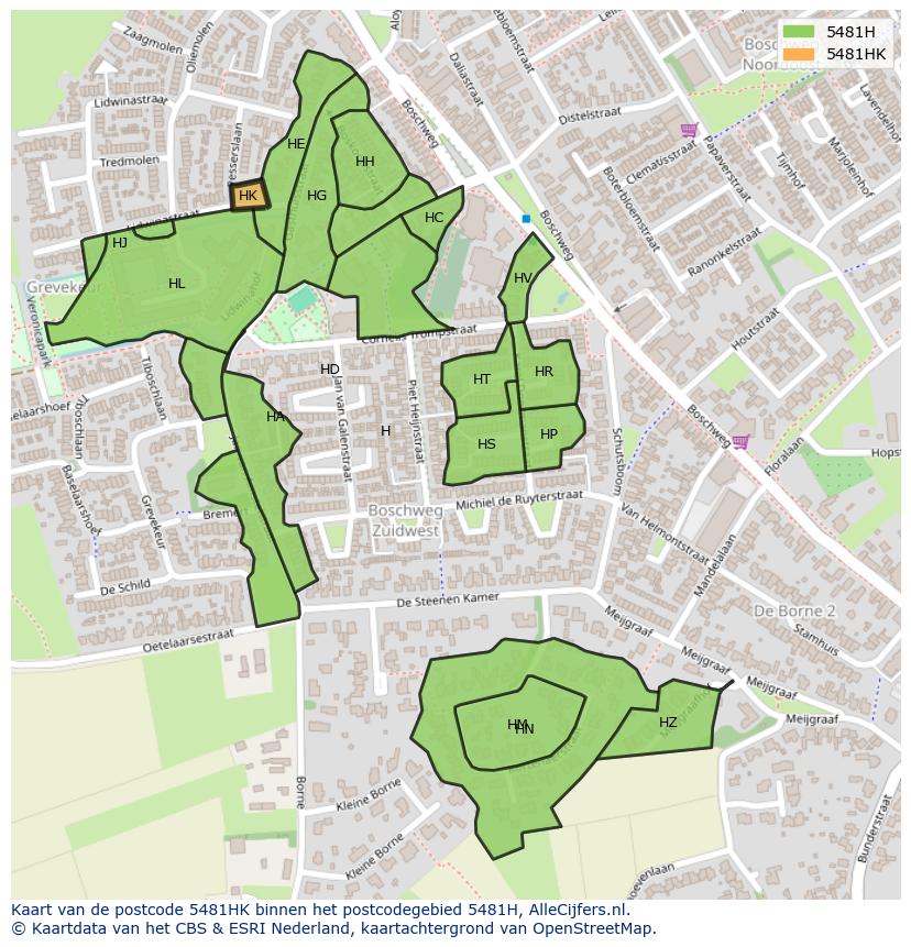 Afbeelding van het postcodegebied 5481 HK op de kaart.