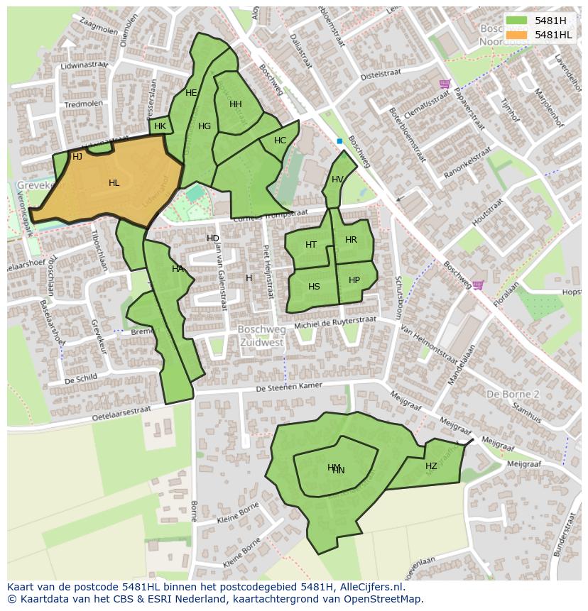 Afbeelding van het postcodegebied 5481 HL op de kaart.