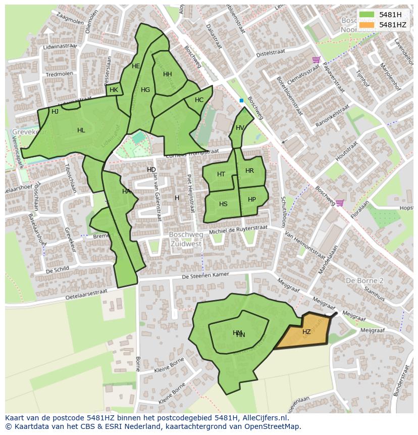 Afbeelding van het postcodegebied 5481 HZ op de kaart.