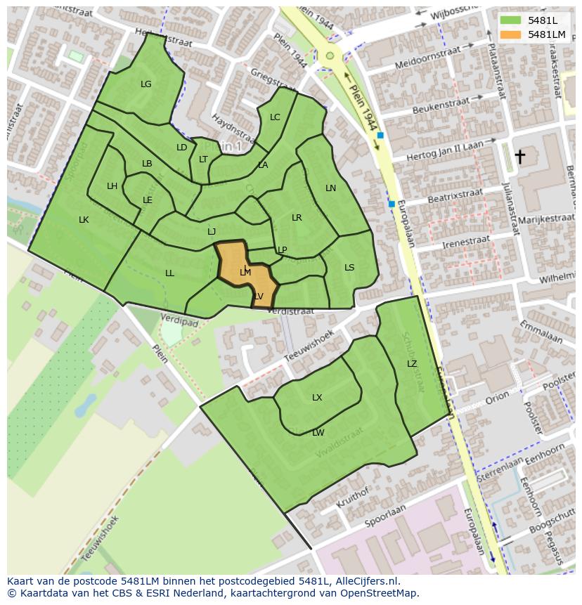 Afbeelding van het postcodegebied 5481 LM op de kaart.