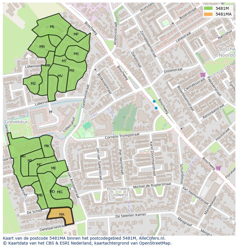 Afbeelding van het postcodegebied 5481 MA op de kaart.