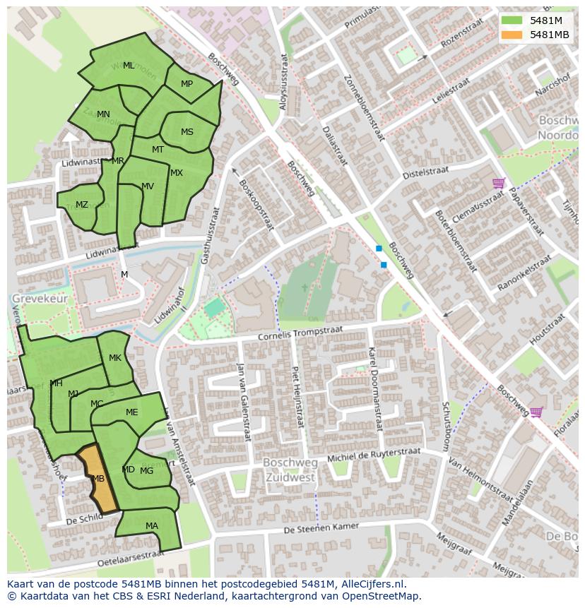 Afbeelding van het postcodegebied 5481 MB op de kaart.