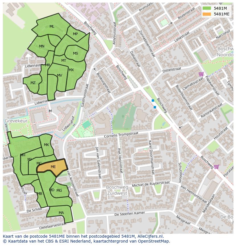 Afbeelding van het postcodegebied 5481 ME op de kaart.