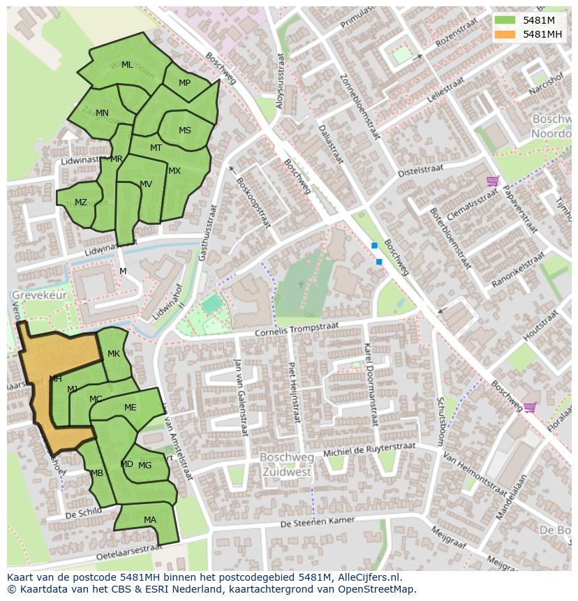 Afbeelding van het postcodegebied 5481 MH op de kaart.