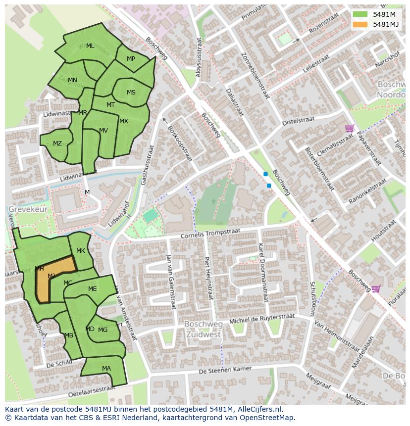 Afbeelding van het postcodegebied 5481 MJ op de kaart.