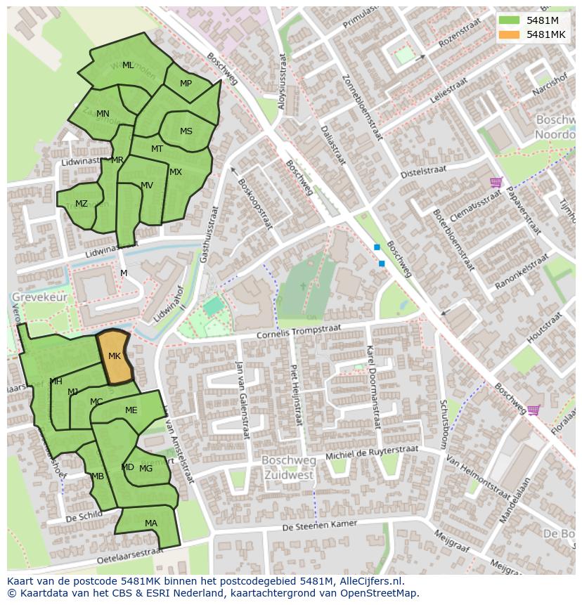Afbeelding van het postcodegebied 5481 MK op de kaart.