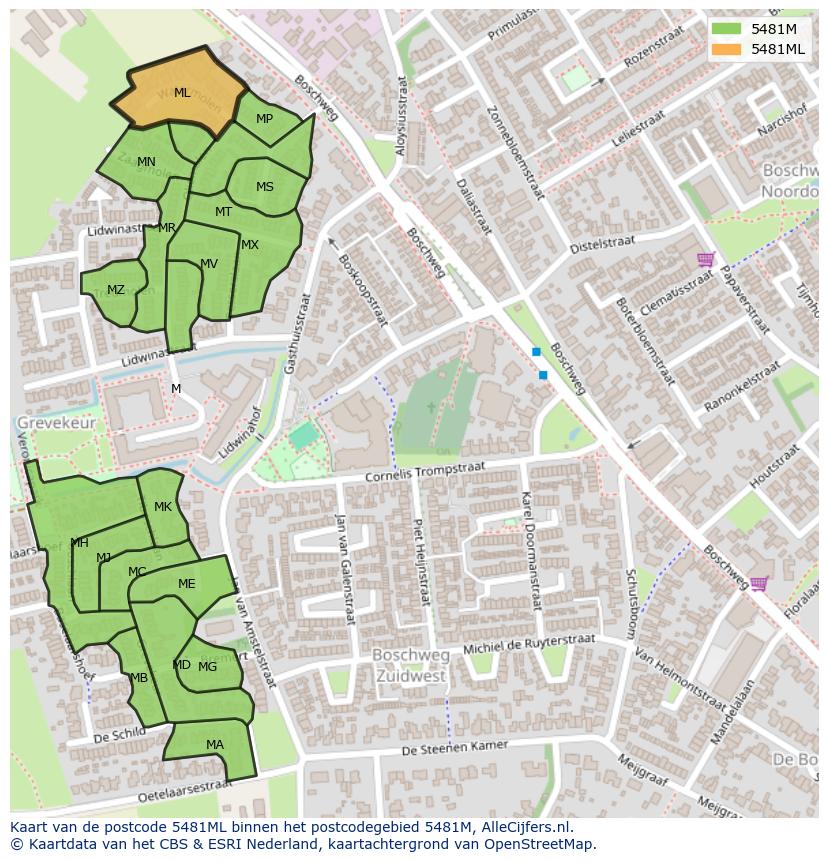 Afbeelding van het postcodegebied 5481 ML op de kaart.
