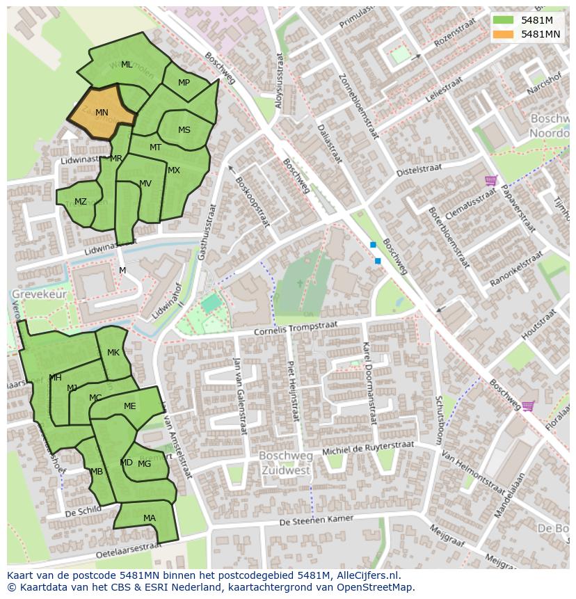 Afbeelding van het postcodegebied 5481 MN op de kaart.