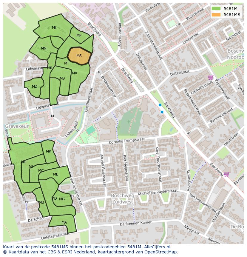 Afbeelding van het postcodegebied 5481 MS op de kaart.