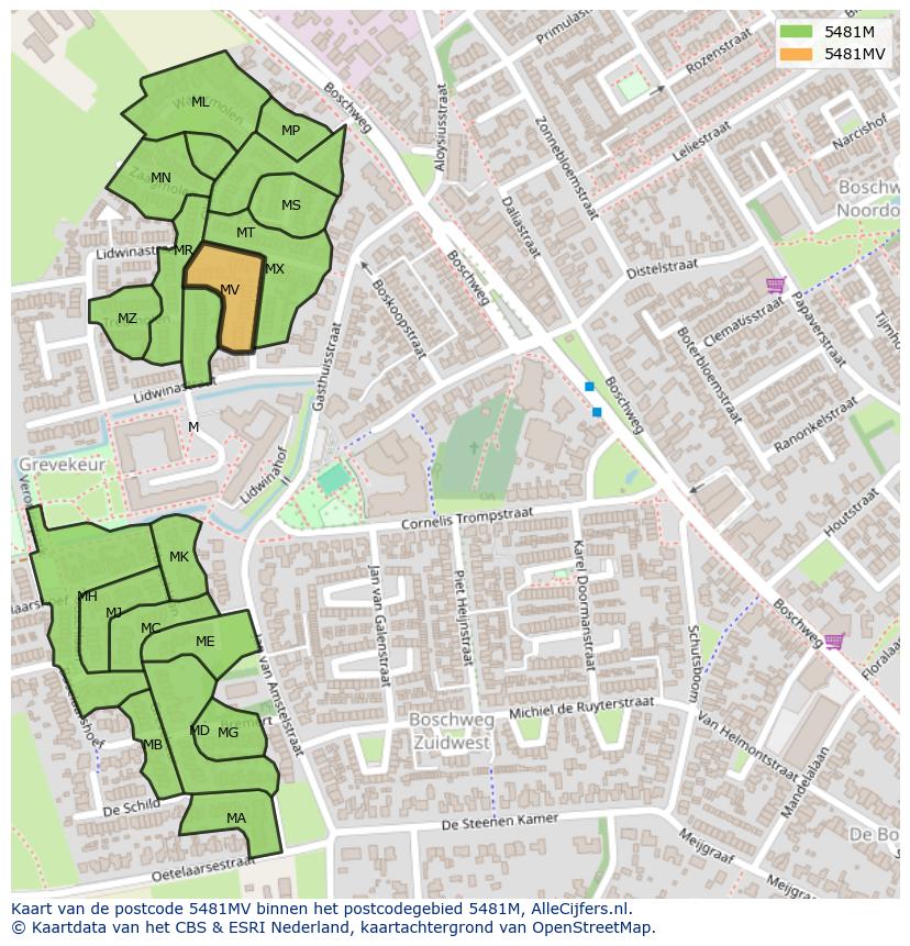 Afbeelding van het postcodegebied 5481 MV op de kaart.