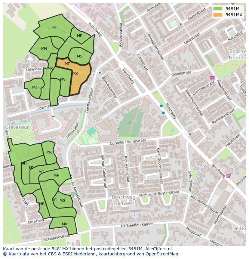 Afbeelding van het postcodegebied 5481 MX op de kaart.