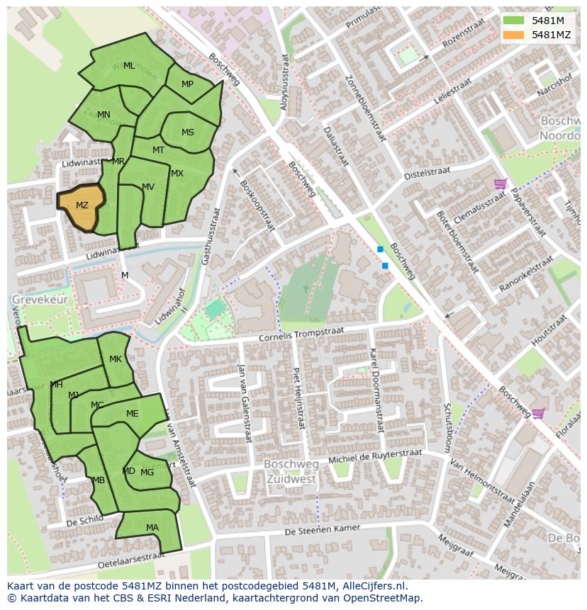 Afbeelding van het postcodegebied 5481 MZ op de kaart.
