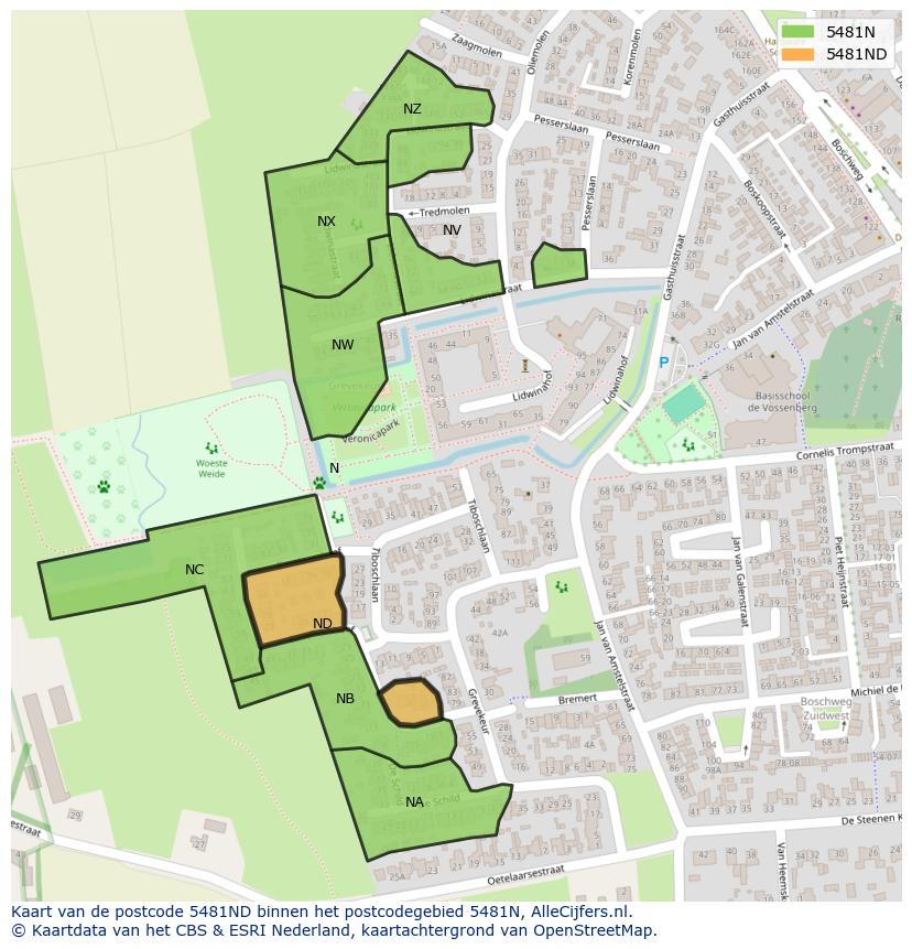 Afbeelding van het postcodegebied 5481 ND op de kaart.