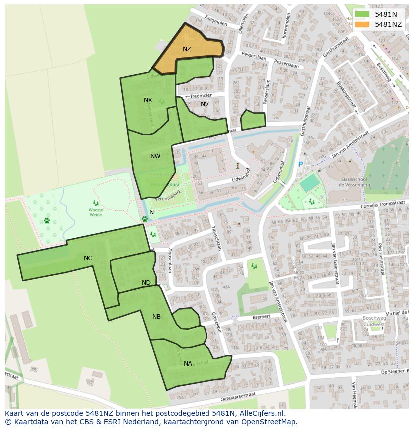 Afbeelding van het postcodegebied 5481 NZ op de kaart.