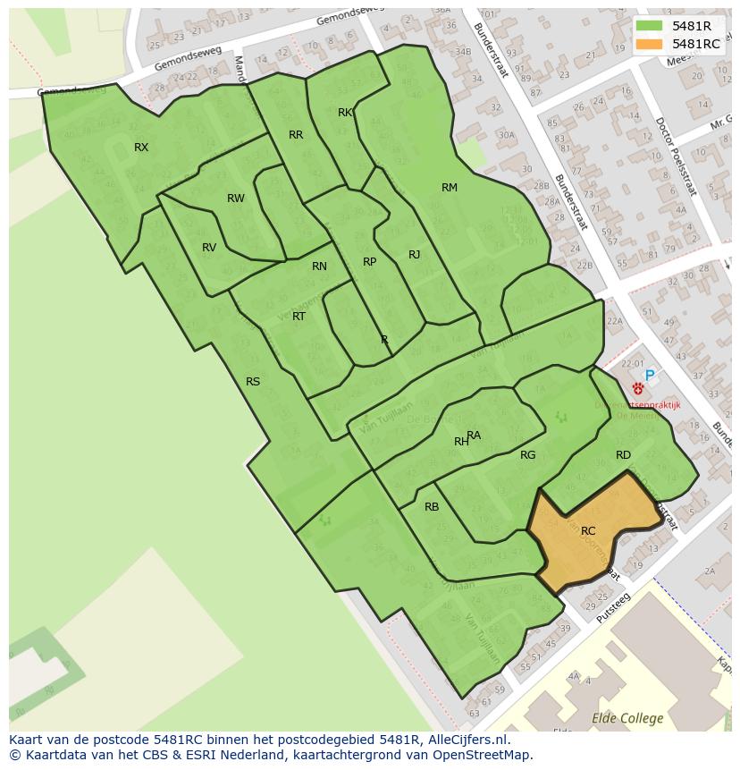 Afbeelding van het postcodegebied 5481 RC op de kaart.