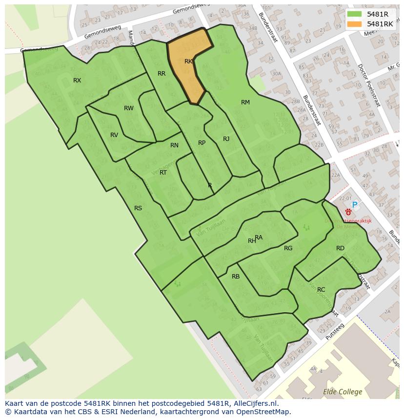 Afbeelding van het postcodegebied 5481 RK op de kaart.