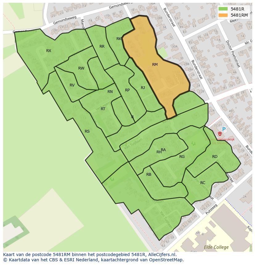 Afbeelding van het postcodegebied 5481 RM op de kaart.