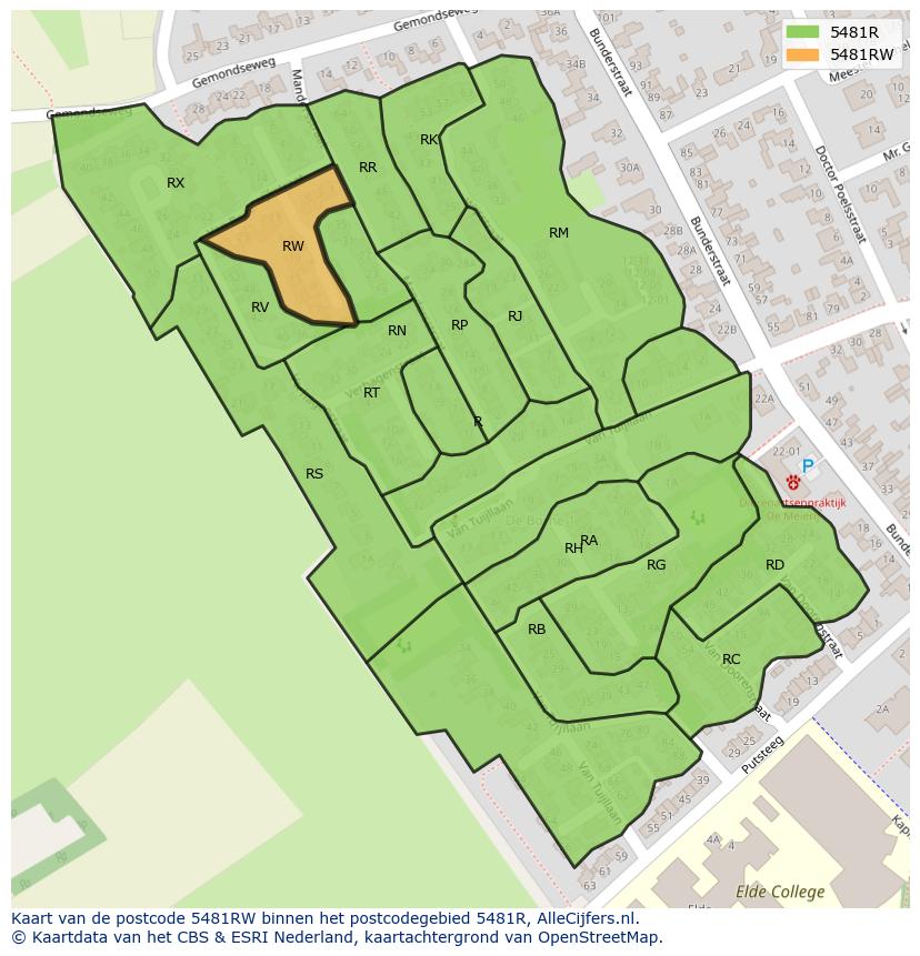 Afbeelding van het postcodegebied 5481 RW op de kaart.